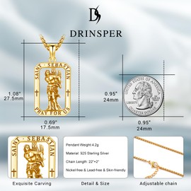 DRINSPER Patron St Sebastian Medal Necklace for Mem Women 925 Sterling Silver Saint Sebastian Pendant Religious Amulet Sport Protection Jewelry Gifts,Gold