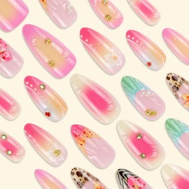Medium Press on Nails Almond Fake Nails Pink False Nails French Artificial Nails with Pearl Designs Beach Handmade Nails Cute Stick on Nails for Women 24pcs