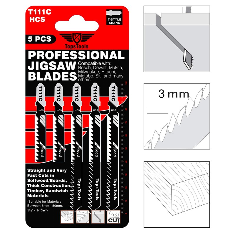 15 x TopsTools T111C 100mm Jigsaw Blades Designed for Fast