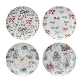 Creative Co-Op Round Stoneware Plate with Holiday Pattern, Multicolor, Set of 4