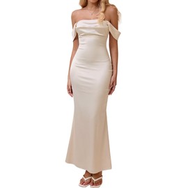 KUTUMAI Women Off Shoulder Satin Maxi Dress Elegant Ruched Bodycon Long Cocktail Formal Wedding Guest Dresses Ivory XL