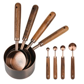 Smithcraft Copper Measuring Cups & Spoons Set 8, Stainless Steel Measuring Cups and Spoons Set for Baking and Kitchen, Metric & US Metal Measure Cup & Spoon with Wood Handle for Dry & Liquid