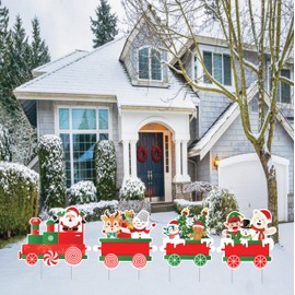 Christmas Train Yard Sign Cutouts, Xmas Tree Santa Gingerbread Snowman Train Props, Christmas Train Yard Signs Decorations With Metal Stakes, VP3879
