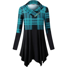 Cestyle Long Sleeves Tops for Women, Ladies Tunic Sweaters Relaxed Fit Pullover Loose Warm Swing Aline Dressy Fashion Pleated Cowl Neck Sweatshirts Blue Plaid Large