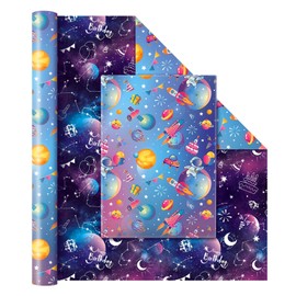 WERNNSAI Cosmic Space Reversible Wrapping Paper Roll - 1 Roll 17” x 33 ft Boys Birthday Wrap Supply Astronaut Decorative Paper Science Rocket Party Decor Favor for Kids Birthday