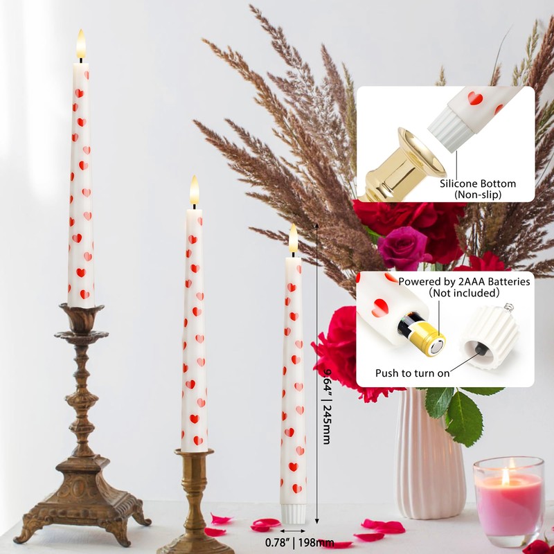 AFINETH Valentine Day Flameless Taper Candles with Heart, 9.6" Real