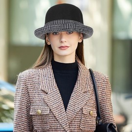 Initlove Felt Cloche Bucket Hat Vintage Winter Fedora Hat Bowler Hats for Women Black