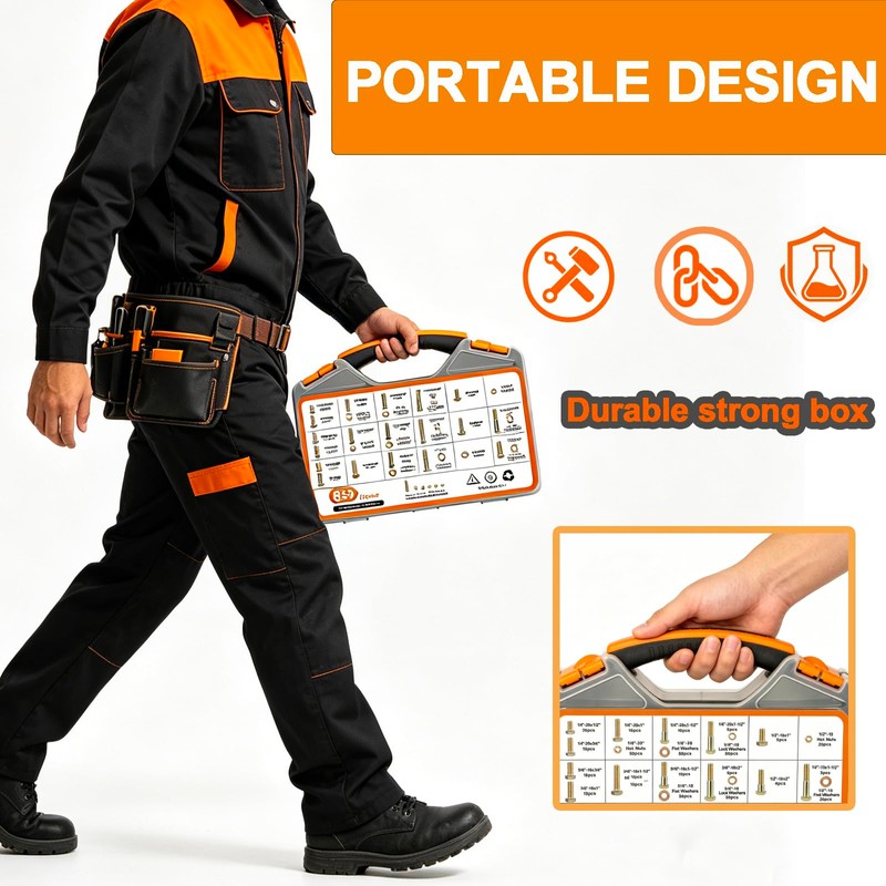 859PCS Grade 8 SAE Bolt Assortment Kit with Storage Box,