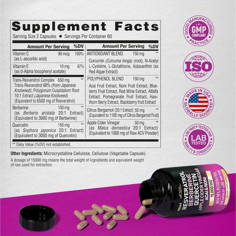Resveratrol + Berberina + Quercetina Con 120 Caps. Hecho Usa