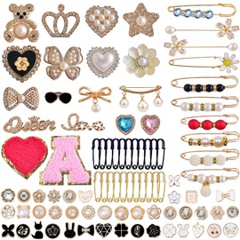 90pcs Charms for Socks Safety Pin Brooch Pins, Sock Charms Pins Gold Bling Sock Jewelry Charms, Pearl Rhinestone Brooch Pins Costom Style Charms Pins Sets for Hat Clothes Shoe Socks ﻿