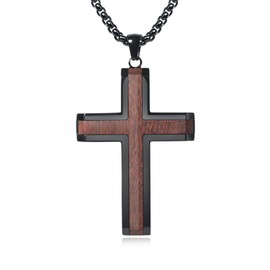 Wooden Cross Necklace for Men, Hand Polished Ebony Inset In Black Stainless Steel Christian Mens Cross Pendant Wood, with 24" Round Box Chain