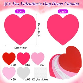 Tatuo 300 Pcs Valentine 4 x 4 '' Heart Cutouts Paper with Glue Point Dots Large Paper Heart Cut Outs for Valentine Decorations Crafts(Multicolor,Cardboard)
