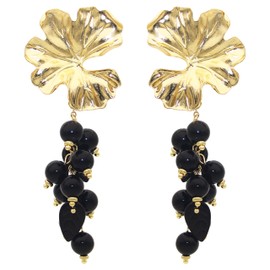 Unimooie Vintage Gold Women's Boho Tassels Earrings Colorful Crystals Drop Bohemian Bead Stud Long Dangle Statement Earrings Lotus Leaf Black Beads 10.5CM