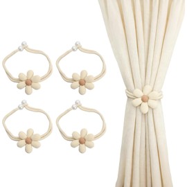 Rundago Curtain Tiebacks, 4 Pieces Flower Curtain Ties, Decorative Curtain Holdbacks for Children's Room, Living Room and Bedroom, Hand Knitted Cotton Curtain Holdbacks, Beige Flower