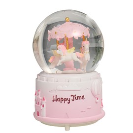 Carousel Unicorn Snow Globe Rotating Music Box with Twinkle Lights Birthday Gift for Kids Crystal Ball Home Decor for Desktop Bookshelf Floating Tabletop Ornaments (E-Pink)