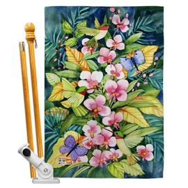Breeze Decor HS105055-BO Orchids and Hummingbirds Garden Friends Birds Decorative Vertical House Flag Set, 28"x 40" w/Flagpole, Multi-Color