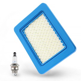 VooGenzek 1 x air filter lawn mower and 1 x L7T spark plugs, 491588S lawn mower air filter replacement, lawn mower spark plugs, compatible with Briggs & Stratton 491588 491588S 4915885 399959