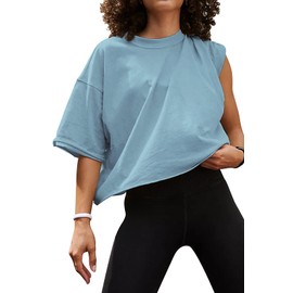 Oversize Crop Tops for Mom 2022 Half Sleeve Drop Shoulder T-Shirts Basic Workout Loose Yoga Tee Shirts Sky Blue XL