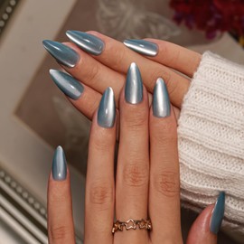 KQueenest Cat Eye Press On Nails Almond Medium, 30 Pcs Glitter Pastel Blue Press On Nails Summer, Sparkly Fake Nails With Glue, Luxury Glass Nails Press ons, Reusable Stick on Nail for Women Gift