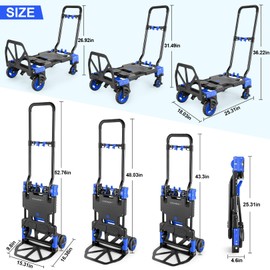 2-in-1Hand Truck Dolly Foldable with Folding Basket, 330LB Folding Hand Truck Heavy Duty Carrying, Combination of 4 Wheels and 2 Wheels Convertible Dolly Cart with Retractable Handle Dolly for Moving