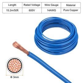 sourcing map 50 Feet Electrical Wire Insulated Stranded Copper 14 AWG Hook Up Wire Cable THHN Wire Doorbell Wiring, Industrial, Trailer Wiring, Electrical Rated for 600 Volts,UL listed,Blue