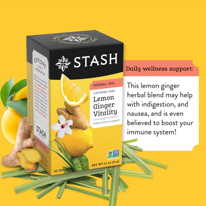 Stash Tea Lemon Ginger Vitality Herbal Tea - Naturally Caffeine