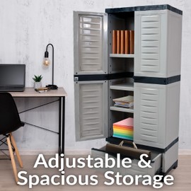 Sunnydaze Lockable Storage Cabinet – Indoor or Outdoor Utility Storage Cabinet with 3 Adjustable Shelves - 57.5" H – Garage, Office, Home, Laundry Room - Gray with Charcoal Trim