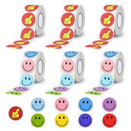Luckwaii Smiley Stickers 6 Rolls 3000 Pieces Emoji Sticker Set, 1500 Smiley Face Stickers in 8 Colours and 1500 Stickers Thumb High Round 2.5 cm, Teacher Reward Stickers for Reward Stickers, Party