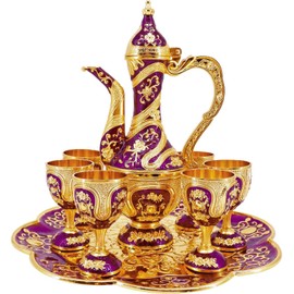 Vintage Turkish Coffee Pot and Cups Set,Tea Service Set Including Teapot,Tea Tray and Metal Cups for Wine Cabinet Decor,Wedding Ornaments (Gold and Purple)
