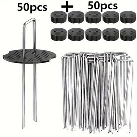 50Pcs Garden Stakes Staples + 50Pcs Gasket, 6 Inch Lawn Landscape Staples 11 Gauge U Shaped Galvanized Landscape Pins, Heavy Duty Yard Ground Pin for Weed Barrier Sod Fabric Decorations - 6"