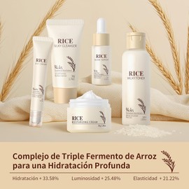 Kit Cuidado Facial BeauBase Arroz Radiante 5 Piezas Limpiador Tónico Suero Crema Ojos Humectante Set de Regalo Mujer Niñas Piel Suave Radiante Luminosidad Set Belleza Facial