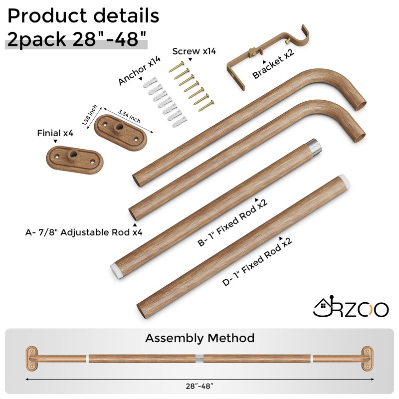 JRZOO 2 Pack Wrap Around Curtain Rods Wood, Blackout Heavy