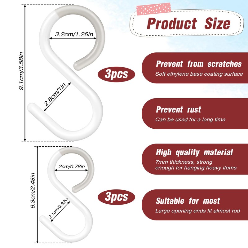 KALIONE 6 Pcs Plastic S Hooks, 2.5/3.5 Inch Flexible Neck