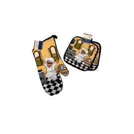 Set of 1 Oven Mitt and 2 Pot Holders for Cooking Lovers: Chef Cooking in Kitchen