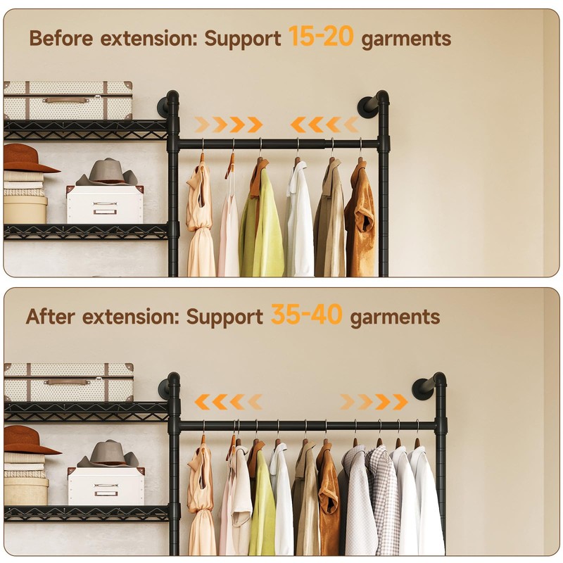 L2 Wall Mounted Closet System, Industrial Pipe Clothing Rack Clothes