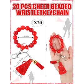 Henoyso 20 Pcs Cheer Beaded Wristlet Keychain Bulk Cheer Bow Keychain Sparkle Megaphone Key Ring Women Accessories Team Gift(Red)