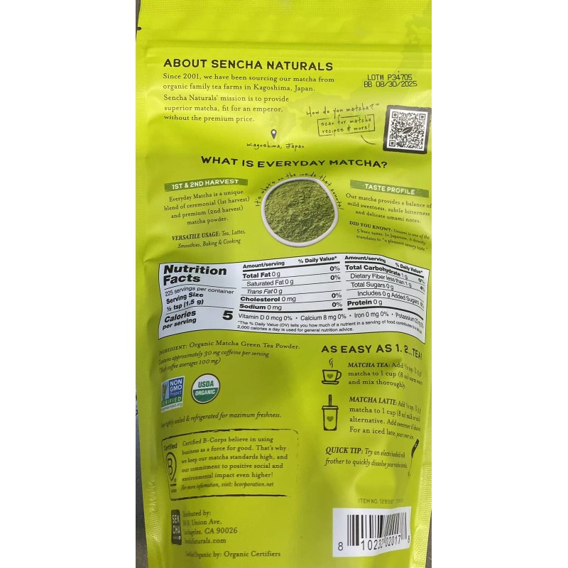 Sencha Naturals ORGANIC Everyday Matcha 100% Japanese Green Tea Powder