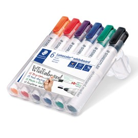 Staedtler Lumocolor 351 WP6 Whiteboard Marker, Bullet Tip, Approx. 2 mm Line Width, Set of 6 Colours, High Quality, Dry and can be Wiped Clean from Whiteboards Residue-Free, Assorted colours
