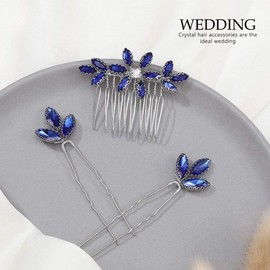 Yean Horquillas barrocas para el pelo de novia con diamantes de imitación plateados, peine de boda, pieza de pelo azul para mujeres y niñas (3 piezas) (plata)