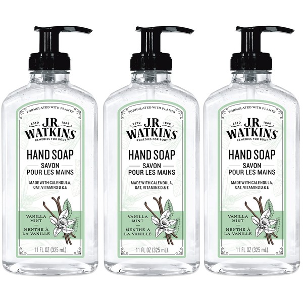J.R. Watkins Gel Hand Soap with Dispenser, Moisturizing Hand Wash, All Natural, Alcohol-Free, Cruelty-Free, USA Made, Vanilla Mint, 11 fl oz, 3 Pack