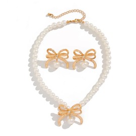 Dreuyet Pearl Bow Necklace Bow Stud Earrings Jewelry Set for Women Dainty Cute Bowknot Pearl Choker Necklace Bow Earrings Bride Bridesmaid Wedding Jewelry Christmas Party Holiday Jewelry (Pearl Bow Gold)