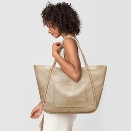 KKXIU Large Tote Bag for Women with Zipper Work Leather Travel Purse and Handbags, Beige, Medium