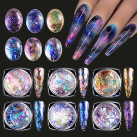 Holographic Opal Nail Art Glitter Flakes, 6 Colors Aurora Iridescent Pigment Powder Irregular Ice Crystal Mermaid Paillettes Sparkly Chunky Glitter Sequins for DIY Manicure Nail Decorations