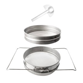 Agustu Stainless Steel Honey Strainer - Double Mesh Filter Screen Sieve - Honey Extractor for Beekeeping Supplies - Fits 5 Gallon Bucket - Bonus Bee Feeder Included