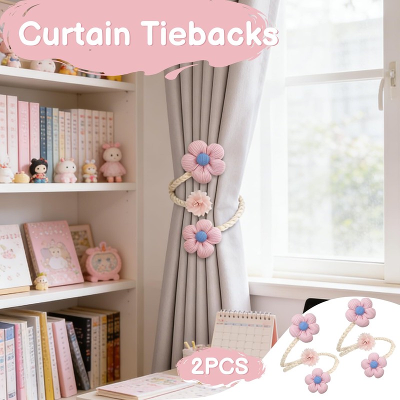 Flower Curtain Tiebacks 2 Pack, Boho Curtain Holdbacks with Adjustable