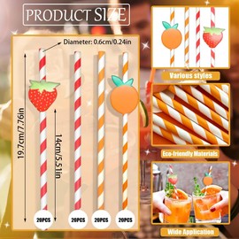 80PCS Strawberry Orange Paper Straws, Biodegradable Disposable Striped Straws Durable and Eco Friendly Paper Drinking Straws for Cocktail Milkshake Coffee Lemonade