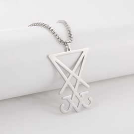 EUEAVAN Sigil of Lucifer Pendant Necklace Stainless Steel Satanic Symbol Pendant Necklace Seal of Satan Lucifer Pendant Pagan Wiccan Jewelry Religious Necklace (Silver)