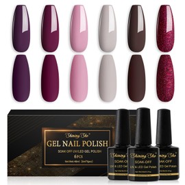 Shining She Semi-Permanent Nail Polish,6 Colors Dark Red Brown White Red Pink Glitter Semi-Permanent Nail Polish Soak-Off UV Nail Polish for Novice Nail Art DIY,8ml