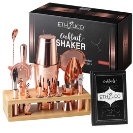 ETHYLICO Cocktail Shaker Kit | Barware Tool Set | Professional 14 pieceBartender Kit with Natural Bamboo Stand - 55 Cocktail Recipe Book Included - Rosegold