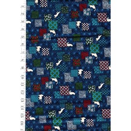 Japanese Novelty Sewing, Quilting Fabric - Kurenai Cat Colorful Patchwork with Asanoha - KW-12500-1A - Blue - by The Half Yard